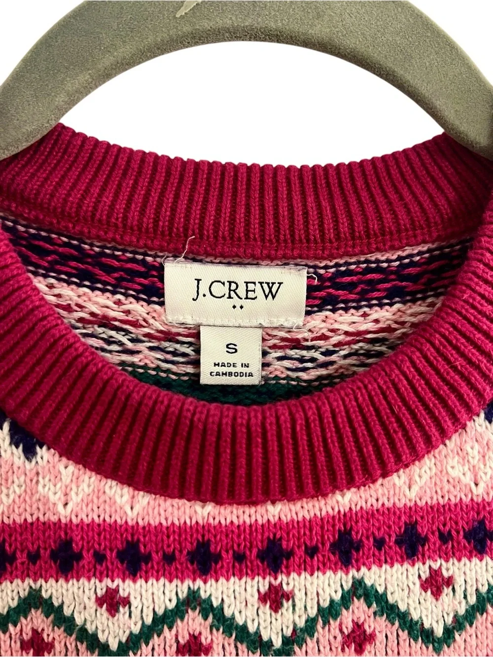 J. Crew Pink & Green Fair Isle Cotton Crewneck Sweater